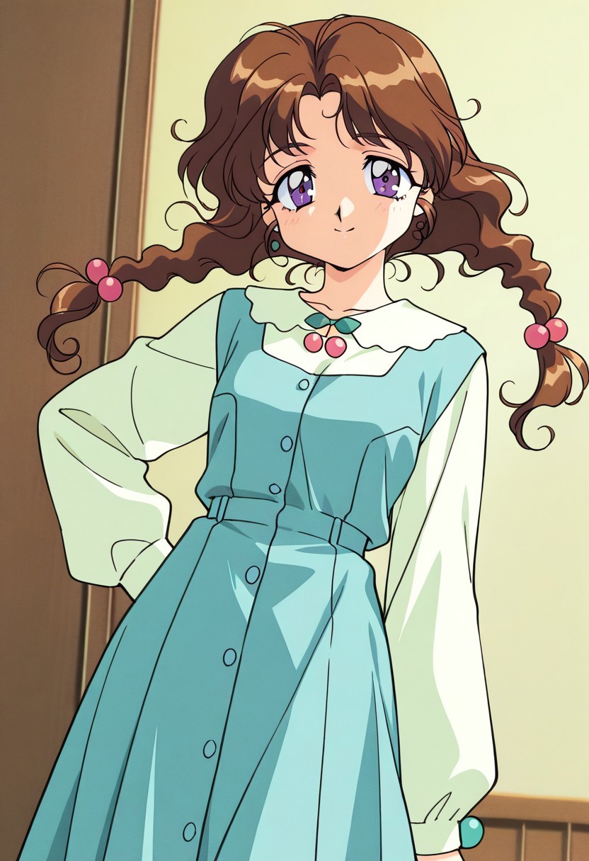score_9, score_8_up, score_7_up, source_anime,masterpiece, best quality,1990s_(style),1girl,Azuki Tomonaga,solo,purple_eyes,brown_hair,long_hair,wavy_hair,twin_braids,hair_bobbles,blue_dress,long_sleeves,(detailed face and eyes,smile),looking at viewer,(cowboy shot),indoor,livingroom