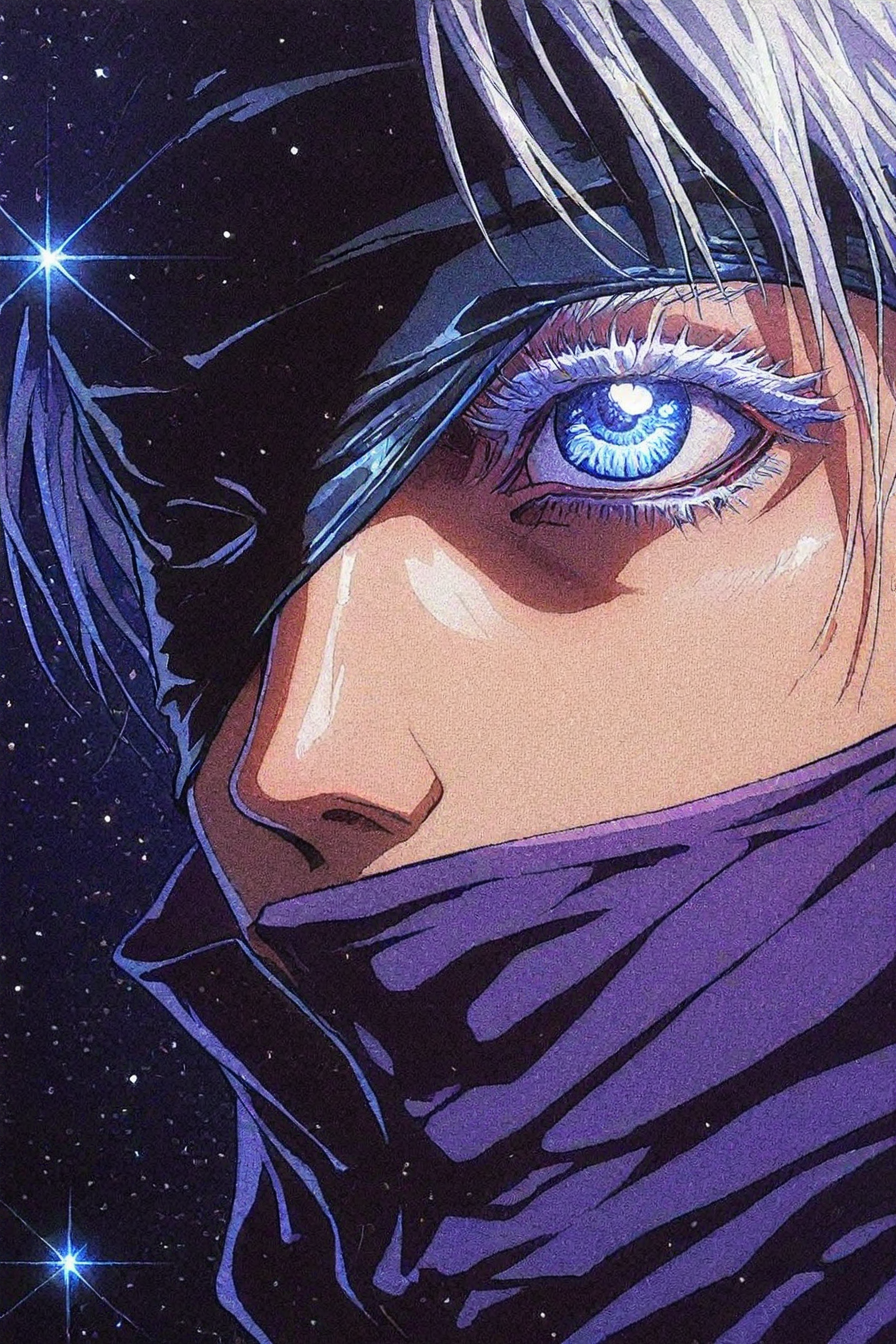 <lora:GojoSatoruPony:0.6> SatoruGojo,  gojou satoru, white hair,  high collar, blindfold, one covered eye, black blindfold, purple jacket, 1boy, solo, alone, eye focus, starry sky, stars, blue eye, <lora:neon_horror_noir_illustriousXL-000021:1>, neon_horror_noir_style, close-up, masterpiece, highres