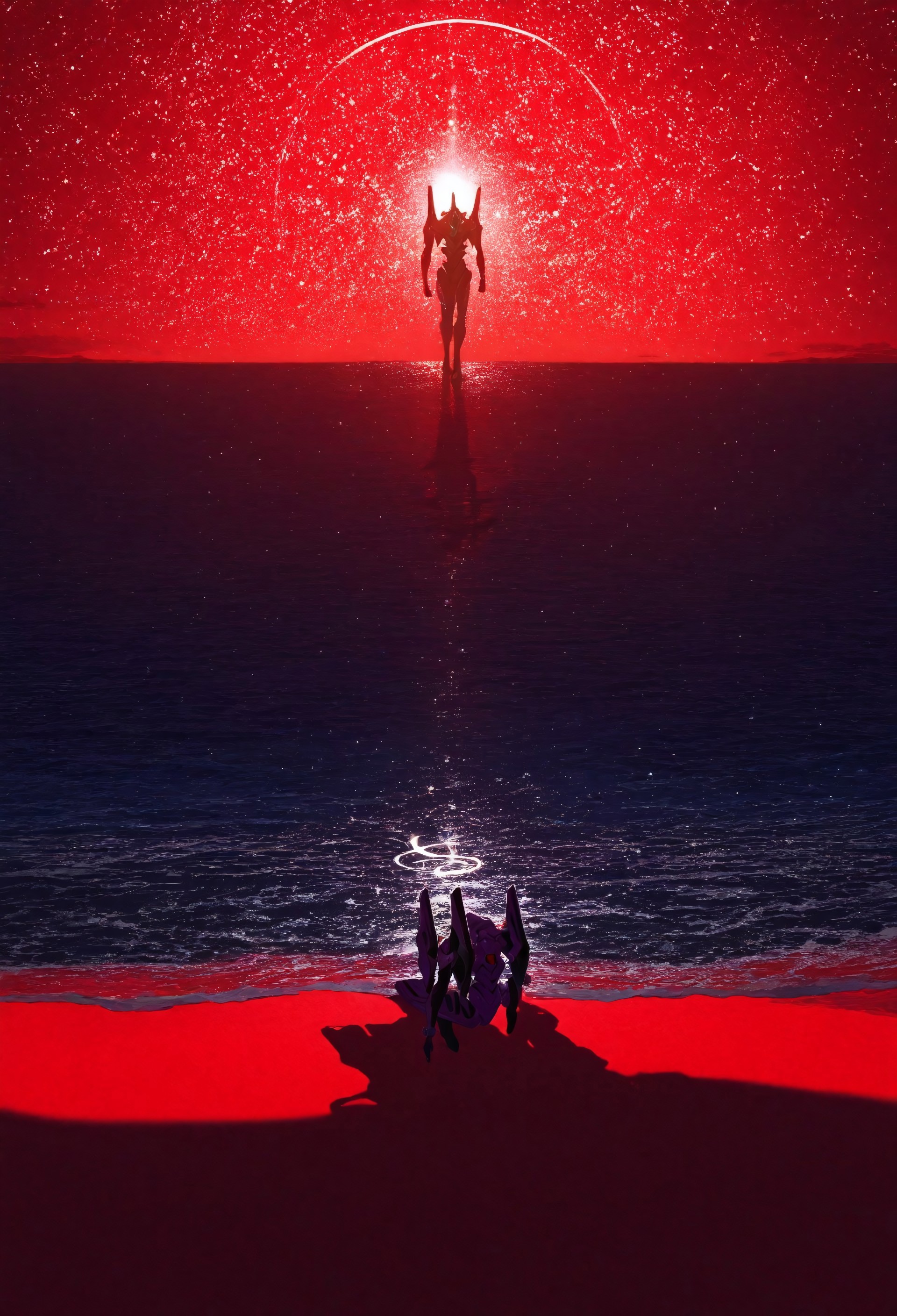 7-EVA01, evangelion, machinery, mecha, science fiction, ocean, space, night, star, large white halo, red background, simple background, detailed architecture, night scene, professional lighting, soft shadows, clear composition, masterpiece, best quality, absurdres, year 2023