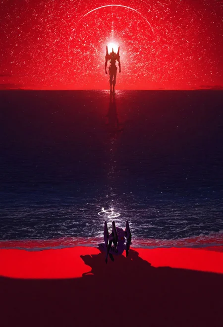 7-EVA01, evangelion, machinery, mecha, science fiction, ocean, space, night, star, large white halo, red background, simple background, detailed architecture, night scene, professional lighting, soft shadows, clear composition, masterpiece, best quality, absurdres, year 2023