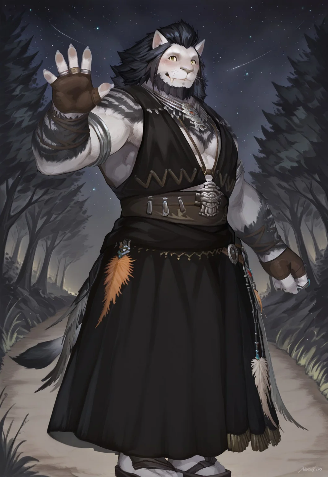 safe_pos, high quality, high detail, best quality, 1boy, solo, Runar, furry, cat, cat ears, animal ears, yellow eyes, whiskers, fangs, beard, facial hair, black hair, long hair, white fur, two-tone fur, claws, tail, RunarOutfit, necklace, jewelry, black vest, belt, fingerless gloves, ring, long skirt, feathers, sandals,  happy, smile, blush, <3, waving, looking at viewer, outdoors, forest, night, stars in sky, stars (sky)