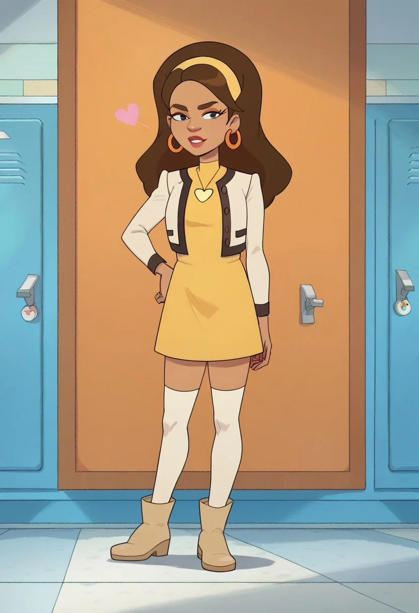 score_9, score_8_up, score_7_, Abby,, Blabby Abby, long hair, Brown hair, yellow headband,lipstick, Jacket, yellow shirt, yellow dress, Boots, thigh highs,  hoop earrings, heart neckless, zPDXL2 1girl, solo, hand on hip