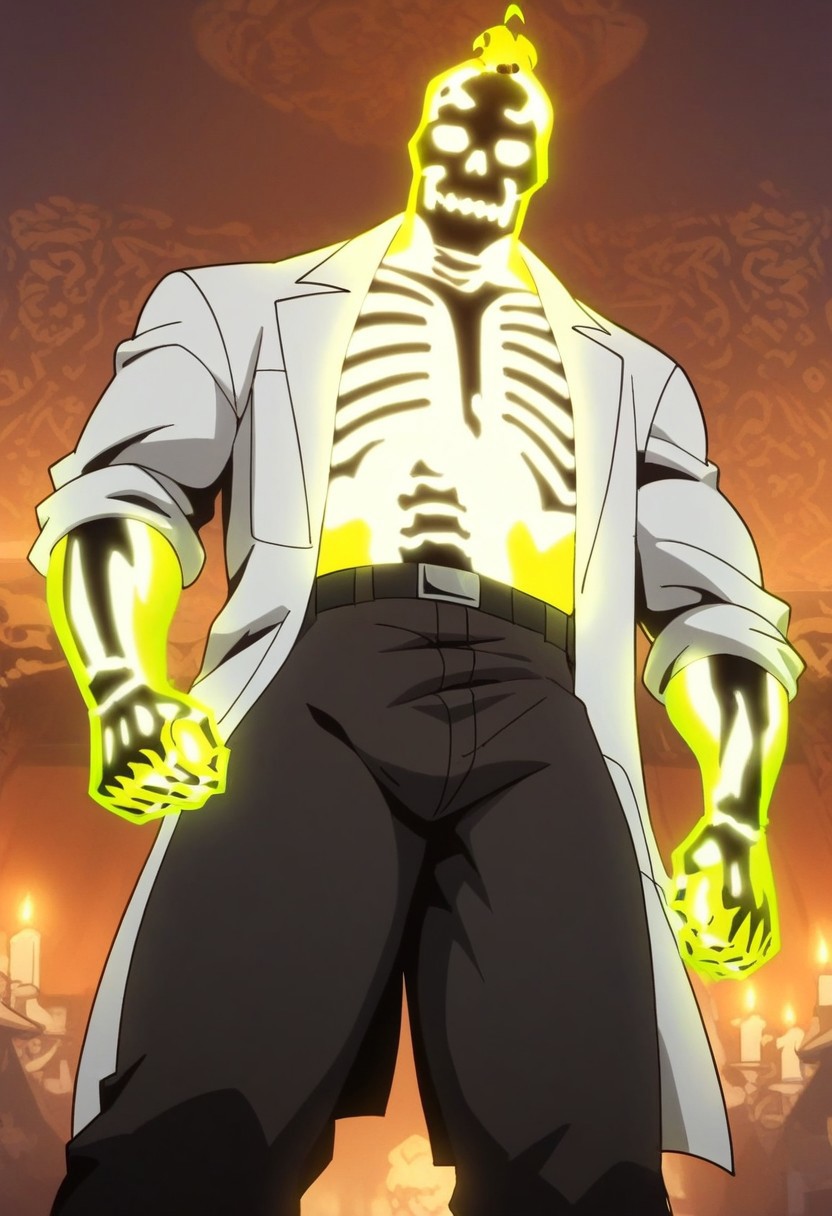score_8_up, score_7_up, Expressiveh, masterpiece, best quality, best aesthetics, perfect anatomy, perfect proportions, high resolution, good colors, bright skin, good shading, countershading, well detailed background, BREAK, ,male focus, solo, mature male, fmale focus, 1boy, Doctor Phosphorus, Dr. Phosphorus, Skeleton, glowing, solo, BREAK, rating_explicit, pecs, nipples, 1SetClothes, labcoat, black pants, belt, boots, closed mouth, smile, head tilt, blushing, blurry outdoor lantern festival, warm bokeh, realistic lighting, from below, hands with five fingers,