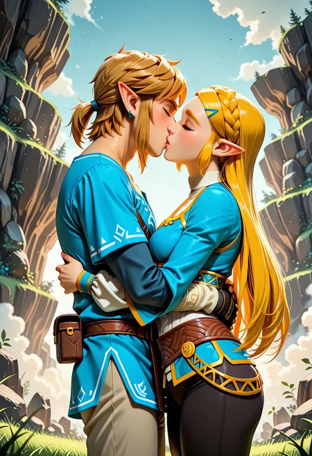 SmoothNoob_Quality, 1girl, 1boy, princess zelda, the legend of zelda: breath of the wild, standing, kiss, hug, closed eyes, outdoors