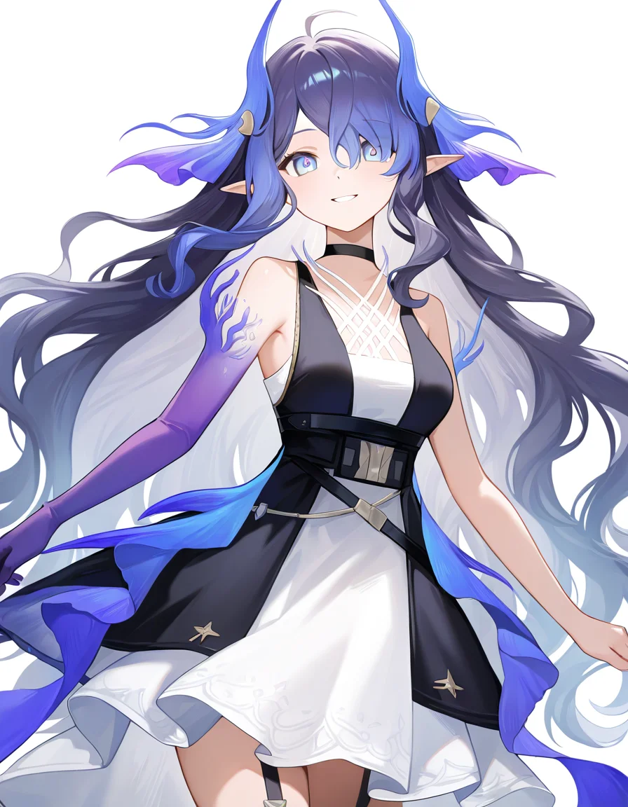 1girl,solo,looking at viewer,simple background,white background,cowboy shot,highmore,single glove,purple gloves,(smile),<lora:highmore-000010:1>,, masterpiece, best quality, very aesthetic, absurdres,newest, incredibly absurdres,
