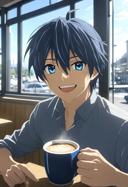 Anime Style, easynegative, detailed_eye_model, Highres, Masterpiece, High Quality, 4K, 8K, solo, 1boy, Tomoya Okazaki, Deep Blue Eyes, Grey Blue Hair, cafe corner, afternoon, sunlight, warm, comfortable, sitting by the window, laughing, enthusiastic, hot drink, looking at viewer