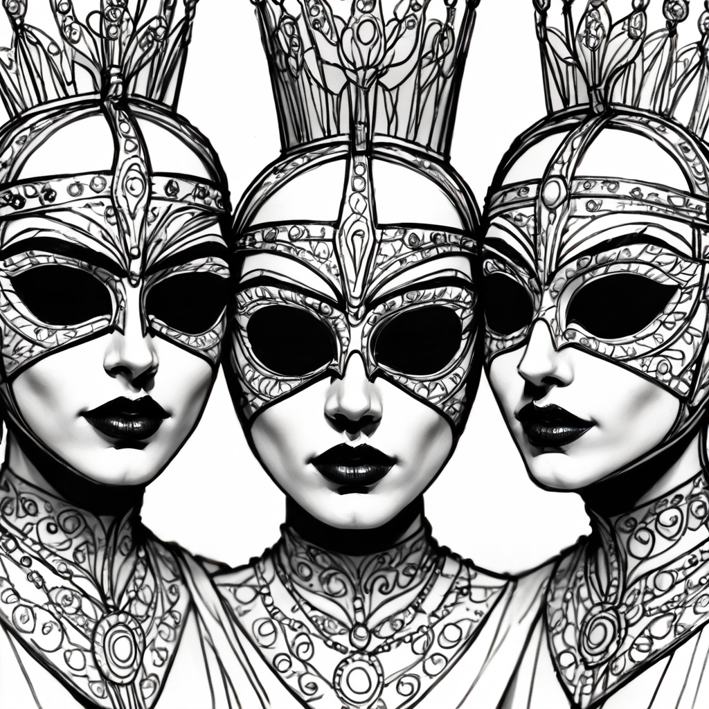 Score_9, score_8_up, score_7_up, score_6_up, BREAK  <lora:Moonlit_MinimalismPony:1> ArsMJStyle, Moonlit  Minimalism, The image shows a drawing of three people wearing masks with intricate details and vibrant colors. The masks are arranged in a triangular formation with the tallest mask in the center and two smaller masks on either side. The colors used in the drawing are bright and vivid creating a striking contrast against the white background., makeup, lipstick, jewelry, sunglasses, looking at viewer, monochrome, white background, 3girls, multiple girls