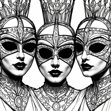 Score_9, score_8_up, score_7_up, score_6_up, BREAK  <lora:Moonlit_MinimalismPony:1> ArsMJStyle, Moonlit  Minimalism, The image shows a drawing of three people wearing masks with intricate details and vibrant colors. The masks are arranged in a triangular formation with the tallest mask in the center and two smaller masks on either side. The colors used in the drawing are bright and vivid creating a striking contrast against the white background., makeup, lipstick, jewelry, sunglasses, looking at viewer, monochrome, white background, 3girls, multiple girls