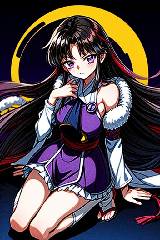 masterpiece,  best quality 1girl Setsun4 solo long hair,  (night time) forest background black hair very long hair purple eyes multicolored hair armor (fur trim) (medium body),<lora:EMS-179-EMS:0.800000>,<lora:EMS-293862-EMS:0.800000>ascot, bare shoulders, black footwear, detached sleeves, embellished costume, frills, japanese clothes, nontraditional miko, red skirt, sandals, sarashi, skirt, socks, white sleeves, white socks, wide sleeves, yellow ascot, zouri, armor, miko