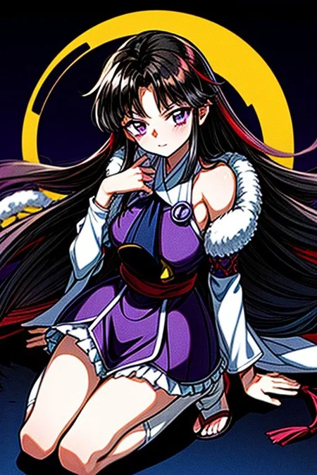 masterpiece, best quality 1girl Setsun4 solo long hair, (night time) forest background black hair very long hair purple eyes multicolored hair armor (fur trim) (medium body),<lora:EMS-179-EMS:0.800000>,<lora:EMS-293862-EMS:0.800000>ascot, bare shoulders, black footwear, detached sleeves, embellished costume, frills, japanese clothes, nontraditional miko, red skirt, sandals, sarashi, skirt, socks, white sleeves, white socks, wide sleeves, yellow ascot, zouri, armor, miko