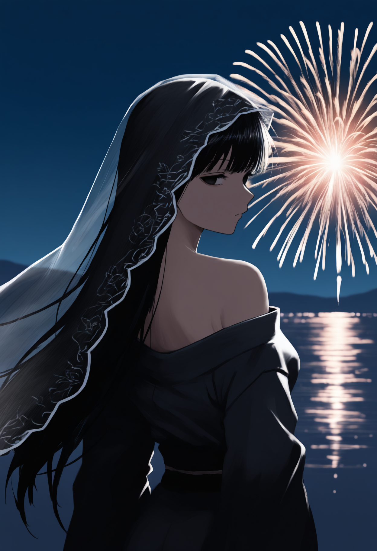 masterpiece, best quality, newest, anime, from behind, solo, 1girl, os4ragi, expressionless, looking back, long hair, black hair, black veil, black eyes, japanese clothes, black kimono, off shoulder, black sash, bare shoulders, outdoors, night, fireworks
<segment:yolo-Anzhc Face seg 640 v2 y8n.pt,0.4,0.5//cid=1>