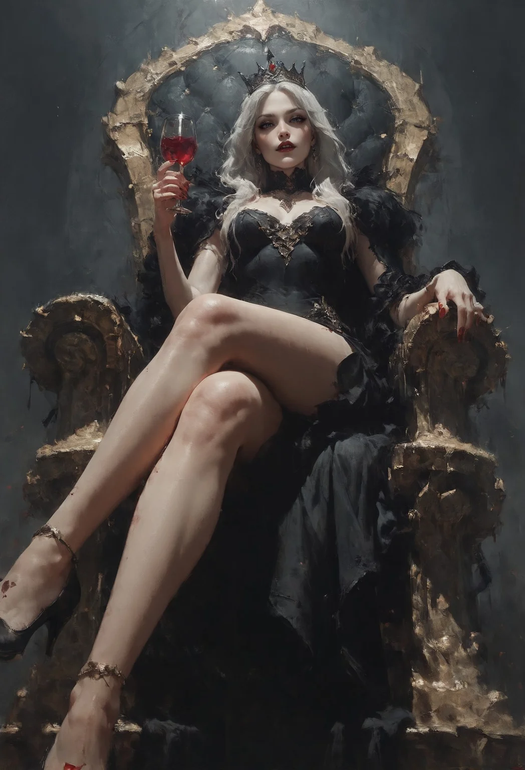 (score_9, score_8_up:1.1), score_7_up, 1girl, vampire queen, petite, white hair, long hair, sitting on a golden throne, black royal dress, black royal miniskirt, thighs, crossed legs, from below, air of superiority, throne room, black tiara, nail polish, red fingernails, pale skin, bloody, red wine glass, bats, <lora:d4rk01lXLP:0.7> <lora:Concept Art Eclipse Style LoRA_Pony XL v6:0.5>