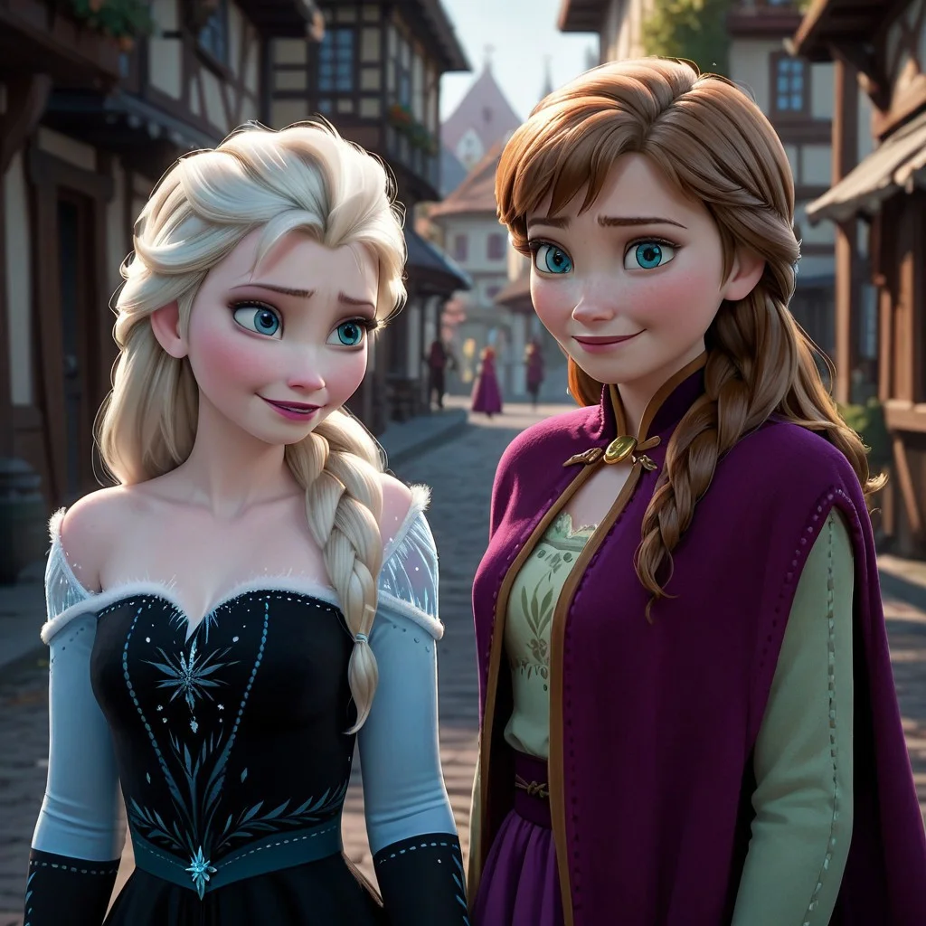 score_9, score_8_up, score_7_up, score_6_up, score_5_up, score_4_up, rating_questionable, 2girls, AnnaElsa, sisters, in a Norwegian village,