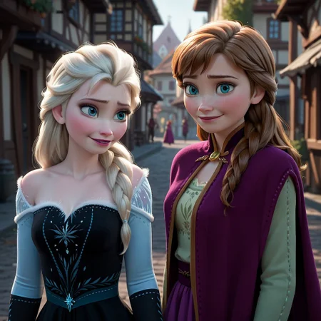 score_9, score_8_up, score_7_up, score_6_up, score_5_up, score_4_up, rating_questionable, 2girls, AnnaElsa, sisters, in a Norwegian village,