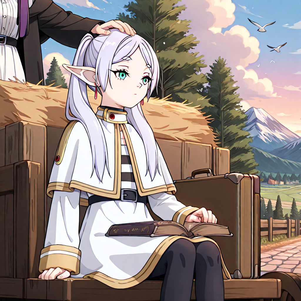 absurdres, sensitive, 2girls, frieren, fern, sitting, hay cart, hay, wagon, elf, grey hair, twintails, capelet, black pantyhose, purple hair, long hair, straight hair, white dress, long sleeves, robe, open book, holding book, suitcase, sky, cloud, tree, rural, fence, mountain, stone road, hand on another's head, headpat, bird, upper body, close-up,  <lora:haycart_ilxl:1>
