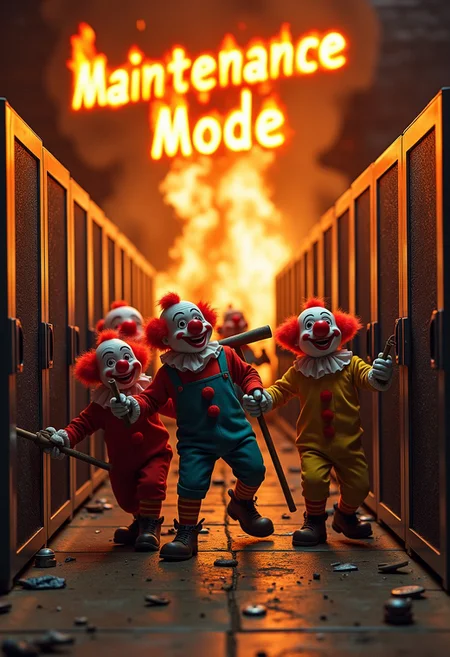 photograph of a bumbling group of little people clowns holding random tools that are falling over each other trying to fix a burning and exploding server room. at the top of the image it says "Maintenance Mode" in fiery letters.