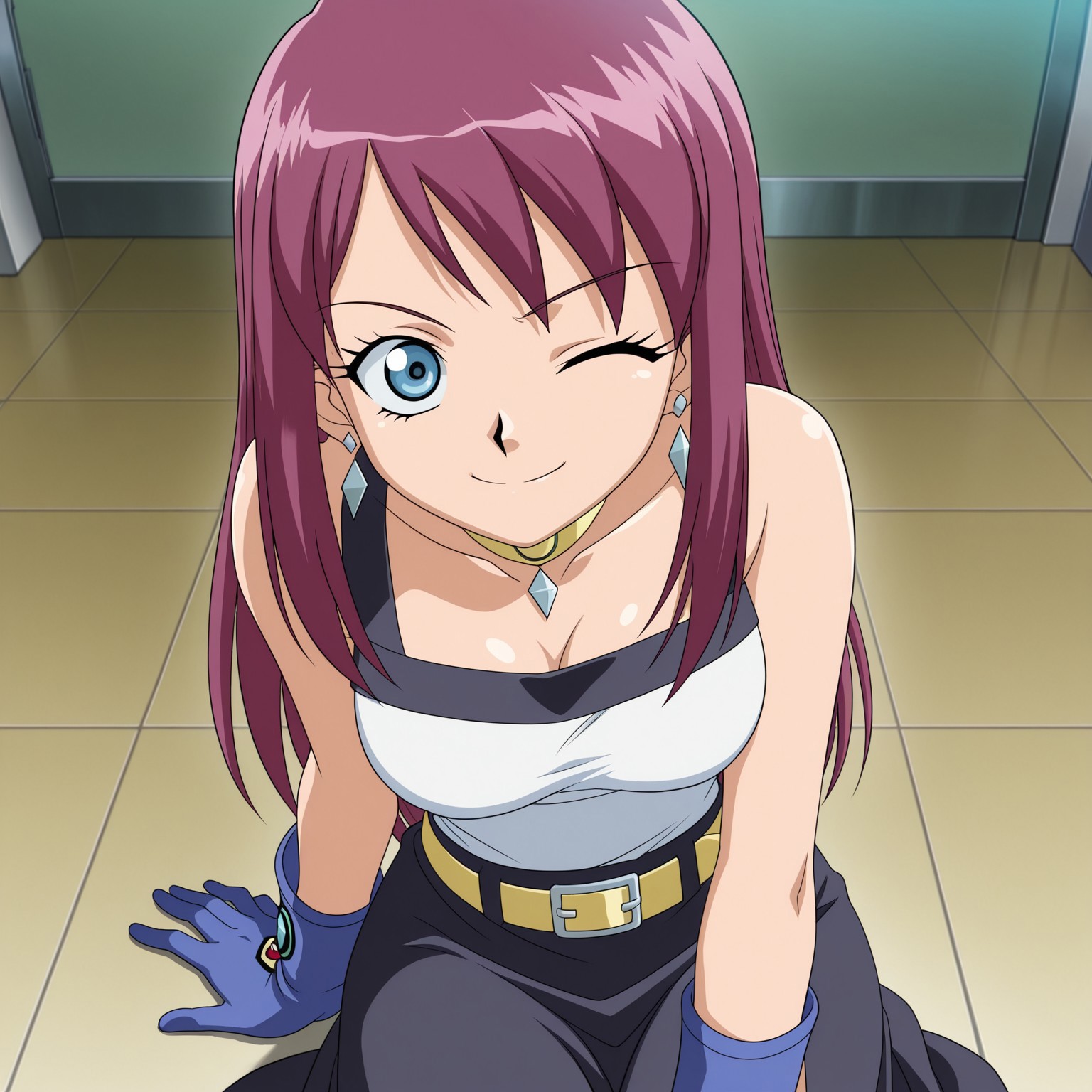 masterpiece, best quality, amazing quality, amazing quality,very aesthetic,absurdres,best quality,newest,masterpiece, breasts, anime screencap, anime artstyle, winking, happy, breasts, anime screencap, anime coloring,safe_pos, safe_pos, score_9, score_8_up, score_7_up, shirt, long skirt, gloves,Bakugan, Jenny, earrings, jewelry, blue eyes, purple hair, long hair, straight hair