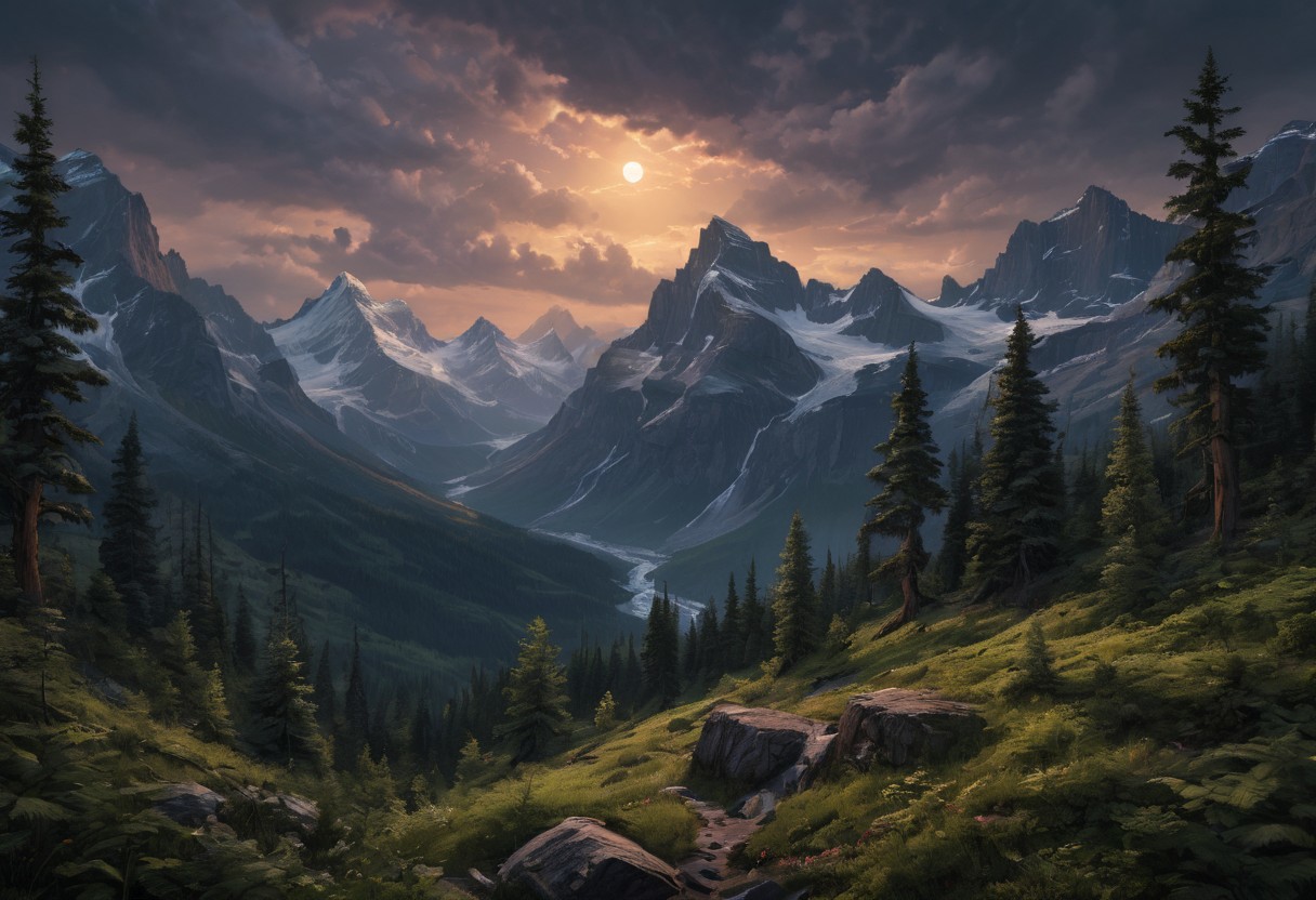 Beautiful outdoor, nature, no humans, mountain, glacier national park, dark twilight, forest, masterpiece, sharp focus, photorealistic rendering, extremely detailed