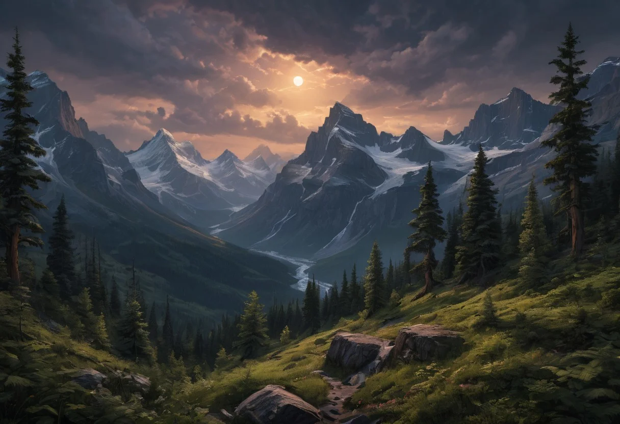Beautiful outdoor, nature, no humans, mountain, glacier national park, dark twilight, forest, masterpiece, sharp focus, photorealistic rendering, extremely detailed