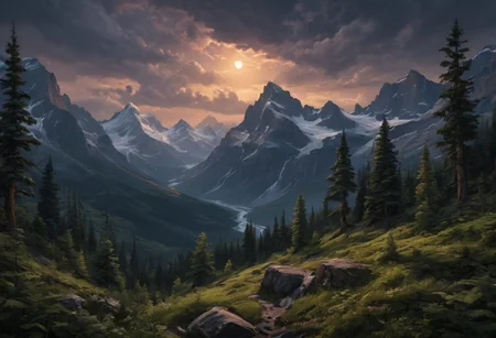 Beautiful outdoor, nature, no humans, mountain, glacier national park, dark twilight, forest, masterpiece, sharp focus, photorealistic rendering, extremely detailed