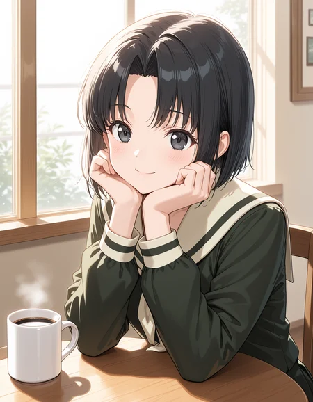 1girl, solo, mizuno youko, black hair, short hair, parted bangs, black eyes, smile, lillian girls\' academy school uniform, green serafuku, long sleeves, sitting on chair, elbows on table, round table, coffee mug, portrait, indoors, cafe, window, sunlight, light theme, masterpiece, best quality, very aesthetic <lora:mizuno_youko_illustrious_v1:0.7>