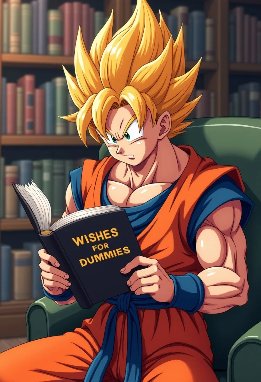 anime, masterpiece, 4k, son goku, in a library, anime accurate costume,iconic orange gi, reading a book titled "wishes for dummies", masterpiece, 4k, looking at the book,