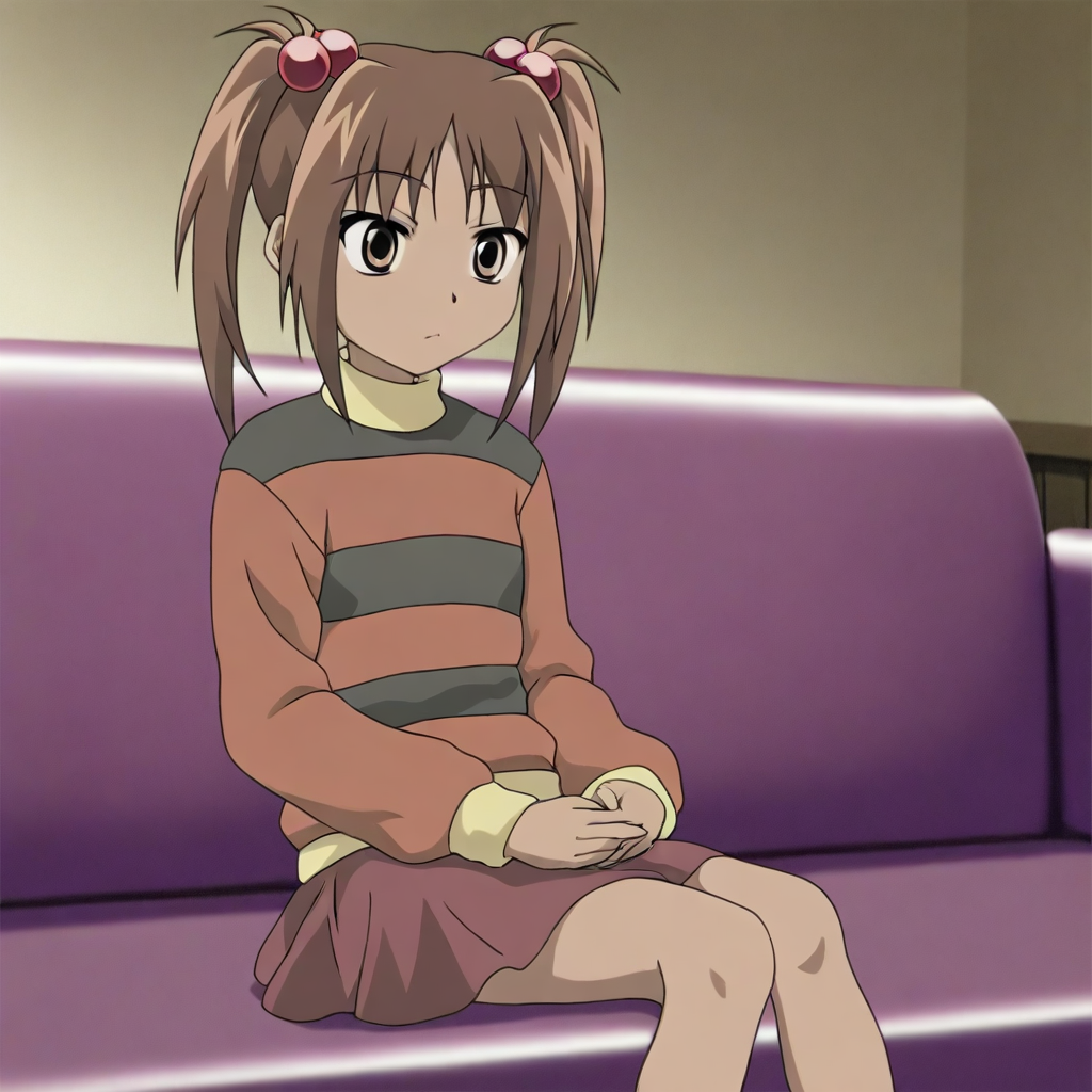 masterpiece, best quality, shiori_mnh, brown hair, twintails, hair bobbles, long sleeves, skirt,, sitting, sofa