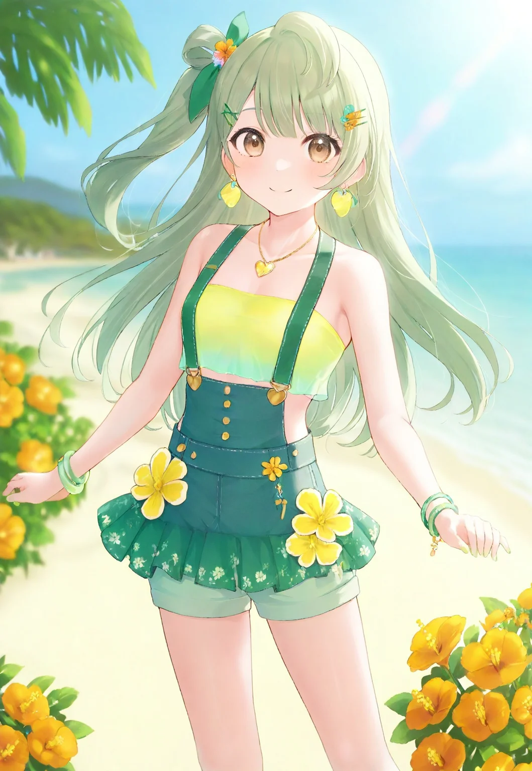 volumetric lighting, ambient occlusion, luminescent background, masterpiece, very awa, , blurry background, outdoors, beach, blue sky, sunlight, summer,pastel colors, warm colored
BREAK
dynamic pose, looking at viewer, blurry background, absurdres, masterpeice, best quality, very aesthetic, smile, , looking at viewer, wide shot, cute, cute pose, a cute girl at the beach, tropical flowers
BREAK
lovelive_kotori, grayish brown hair, green hair bow, bangs, one side up, long hair, brown eyes,earrings, heart-shaped earrings, necklace, yellow heart necklace, crop top, green crop top with yellow heart, halter neck top, suspenders, mint green suspenders, bracelet, green wristband, shorts, mint green skirt, mint overalls, skirt overall, floral hair accessory, orange flower hairpin, green ribbon hair tie, tiny skirt, swimsuit