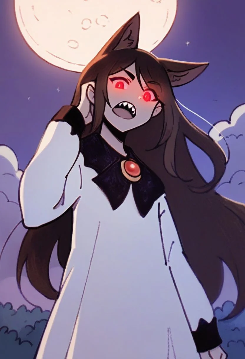score_9, score_8_up, score_7_up, score_6_up, score_5_up, score_4_up,
BREAK
1girl, solo, teeth, jewelry, animal ears, brooch, brown hair, cloud, dress, full moon, glowing, glowing eyes, long hair, long sleeves, looking at viewer, moon, night, open mouth, purple sky, red eyes, sharp teeth, sky, upper body, werewolf, white dress, wolf ears, wolf girl