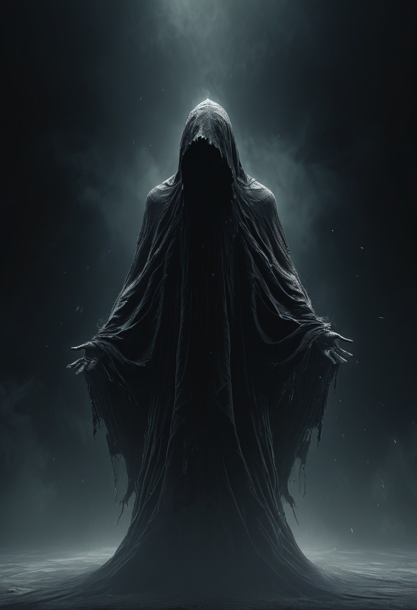 A dark fantasy digital artwork rendered in 3D depicting a menacing spectral figure hovering in a black void. The figure wears a tattered, multilayered cloak with ragged edges and worn fabric that appears to float unnaturally. Captured in a medium shot from a low angle, the composition is centrally balanced with dramatic backlighting creating a silhouette effect while revealing texture details. The figure's face is completely obscured by darkness within the hood, and their arms extend downward with fingers spread in a grasping position. The background features subtle atmospheric particles creating depth, while the desaturated color palette works primarily in grayscale tones. The shallow depth of field and particle effects enhance the supernatural atmosphere. Three-dimensional digital art with dramatic lighting and atmospheric effects on black background.