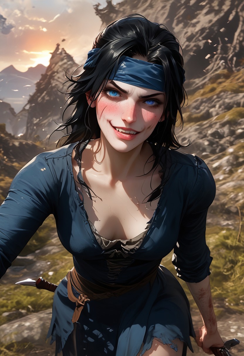 score_9, score_8_up, score_7_up,  BREAK, source_manga, source anime, (((dynamic pose, talking to viewer, flushed, jolly))), game, 3d game, skyrim game style, (((holding up a jagged dagger, perfect hands))), cg render
BREAK
8K, detailed, s deathly pale white female nord of about 30 years old with pale grey blue eyes with bags under them.  She has messy black hair falling over a dirty and bloody blue headband bandana, slightly toned arms and legs, and is holding two medieval daggers.  She has small breasts and wears a tattered blue medieval dress with the sleeves ripped off and the hem cut high.  
BREAK
Skyrim rolling hills background in sunset, skyrimlandscapes
