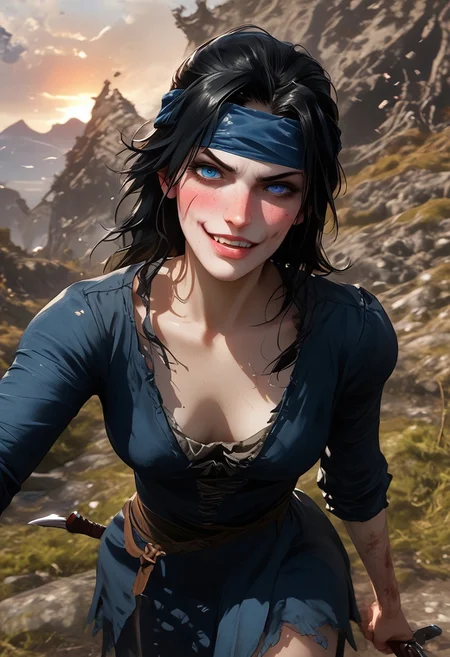 score_9, score_8_up, score_7_up,  BREAK, source_manga, source anime, (((dynamic pose, talking to viewer, flushed, jolly))), game, 3d game, skyrim game style, (((holding up a jagged dagger, perfect hands))), cg render
BREAK
8K, detailed, s deathly pale white female nord of about 30 years old with pale grey blue eyes with bags under them.  She has messy black hair falling over a dirty and bloody blue headband bandana, slightly toned arms and legs, and is holding two medieval daggers.  She has small breasts and wears a tattered blue medieval dress with the sleeves ripped off and the hem cut high.  
BREAK
Skyrim rolling hills background in sunset, skyrimlandscapes