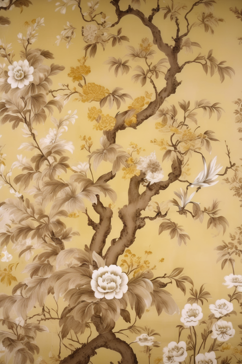 <lora:Anna Maria Garthwaite Style:1>Anna Maria Garthwaite Style - chinoiserie toile pattern sepia tone, yellows green, gold, brown hand painted de gournay realistic