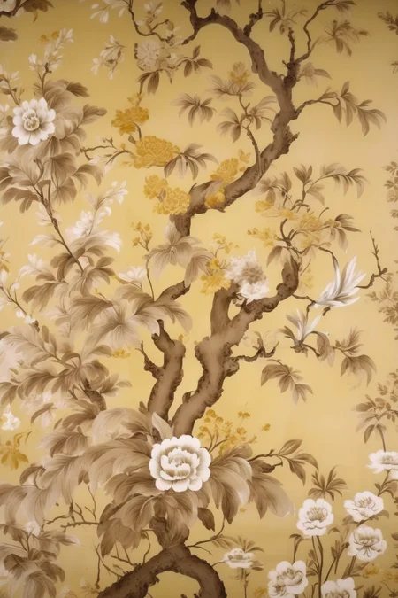 <lora:Anna Maria Garthwaite Style:1>Anna Maria Garthwaite Style - chinoiserie toile pattern sepia tone, yellows green, gold, brown hand painted de gournay realistic