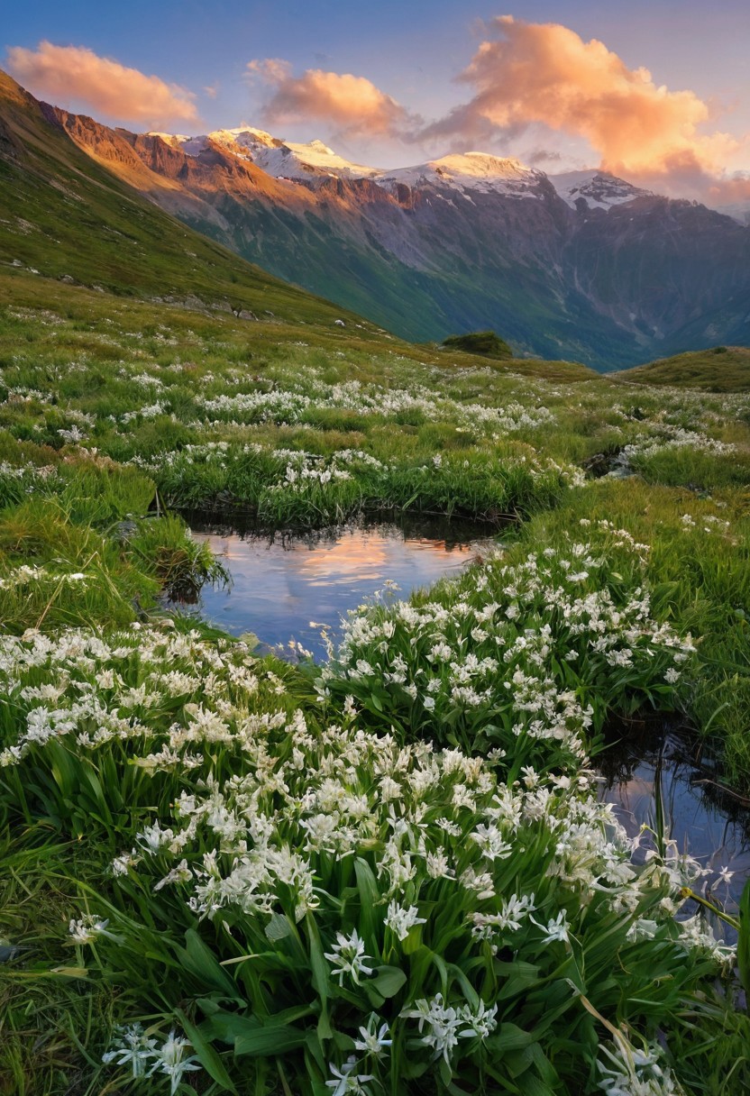 stunning,scenic landscape,rugged mountain peaks,distant snow-capped summits,vibrant colors of the sky reflected in a tranquil waters,herbs,flowers,fresh green grass,dramatic late afternoon sunset colored lighting,warm golden hour light,long shadows accentuating terrain,cool blue twilight hues creeping in,misty atmosphere,serene and peaceful composition,grazing deerEvening fog rolling inWild garlic scent on the breeze