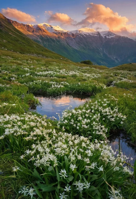 stunning,scenic landscape,rugged mountain peaks,distant snow-capped summits,vibrant colors of the sky reflected in a tranquil waters,herbs,flowers,fresh green grass,dramatic late afternoon sunset colored lighting,warm golden hour light,long shadows accentuating terrain,cool blue twilight hues creeping in,misty atmosphere,serene and peaceful composition,grazing deerEvening fog rolling inWild garlic scent on the breeze