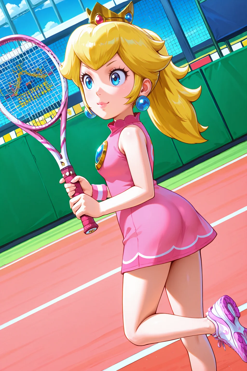 <lora:OMS_Peach_Tennis-15:1>
2d, anime screencap, omsPeachTennis, 1girl,solo, blue eyes, lips, long hair, ponytail, pink dress, tennis uniform, sportswear, bare shoulders, wristband, shoes, sleeveless dress, crown, jewelry, earrings
amazing quality,very aesthetic,absurdres,newest,
tennis court, smile, serious, holding, tennis racket, from side, ass, arched back, dynamic view, dutch angle, feet apart