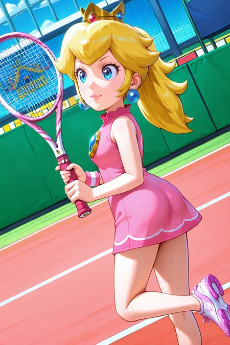 <lora:OMS_Peach_Tennis-15:1>
2d, anime screencap, omsPeachTennis, 1girl,solo, blue eyes, lips, long hair, ponytail, pink dress, tennis uniform, sportswear, bare shoulders, wristband, shoes, sleeveless dress, crown, jewelry, earrings
amazing quality,very aesthetic,absurdres,newest,
tennis court, smile, serious, holding, tennis racket, from side, ass, arched back, dynamic view, dutch angle, feet apart