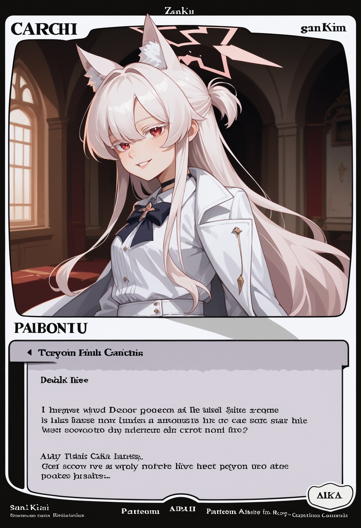 c4rd,english text,character name,
from side, looking at viewer, smiling, indoors,
 akira kiyosumi, white hair, animal ears, animal ear fluff, pink halo, red eyes, colored eyelashes, white coat, coat on shoulders, white shirt, collared shirt, shirt tucked in, black bowtie, long sleeves, white gloves, white pants, white belt, black choker, cat tail,
score_9,score_8_up,score_7_up, source_anime,
 <lora:MTG_card_v2:1>  <lora:ba_kiyosumiakira_ponyXL:1>