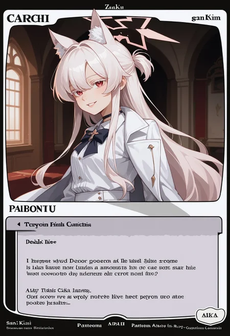 c4rd,english text,character name,
from side, looking at viewer, smiling, indoors,
akira kiyosumi, white hair, animal ears, animal ear fluff, pink halo, red eyes, colored eyelashes, white coat, coat on shoulders, white shirt, collared shirt, shirt tucked in, black bowtie, long sleeves, white gloves, white pants, white belt, black choker, cat tail,
score_9,score_8_up,score_7_up, source_anime,
<lora:MTG_card_v2:1> <lora:ba_kiyosumiakira_ponyXL:1>