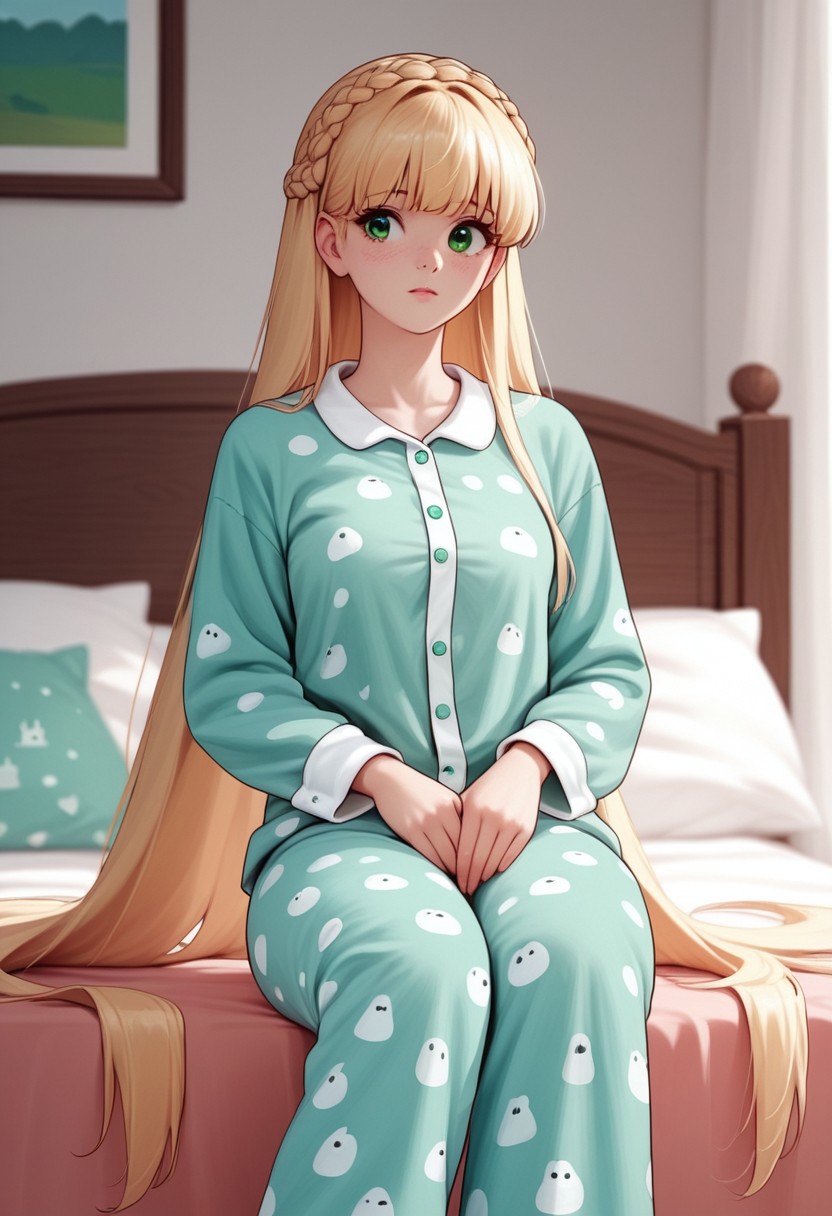 zPDXL3, score_9, score_8_up, score_7_up, score_6_up, score_5_up, score_4_up, 
1girl, medium breasts,
blonde hair, green eyes, crown braid, straight hair, very long hair, ribbon bangs,
onsie pajamas, 
bedroom, 
fomceline, solo,