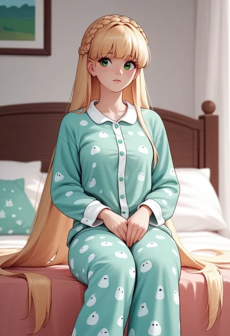 zPDXL3, score_9, score_8_up, score_7_up, score_6_up, score_5_up, score_4_up, 
1girl, medium breasts,
blonde hair, green eyes, crown braid, straight hair, very long hair, ribbon bangs,
onsie pajamas, 
bedroom, 
fomceline, solo,