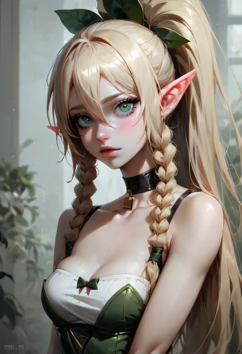 (masterpiece, best quality), 1girl, collarbone, {leafa, green eyes, blonde hair, ponytail, long hair, hair between eyes, bangs, twin braids, pointy ears,((black lather body)),lock at viewer,shift lift,masturbate in outfit
score_9, score_8_up, score_8_up, layering, 1girl,  exposed, large soft breast, slender body, ultra detailed,(g0thicPXL:0.3), <lora:g0th1cPXL:0.3>, cover,  exaggerated proportions, long hairs , blond hair, medium breasts ,large elastic buttocks, round bubble ass,  (ultra wide angle shot:0.65), shallow depth of field, smooth skin texture, alluring curves, tasteful sensuality, softcore, Expressiveh