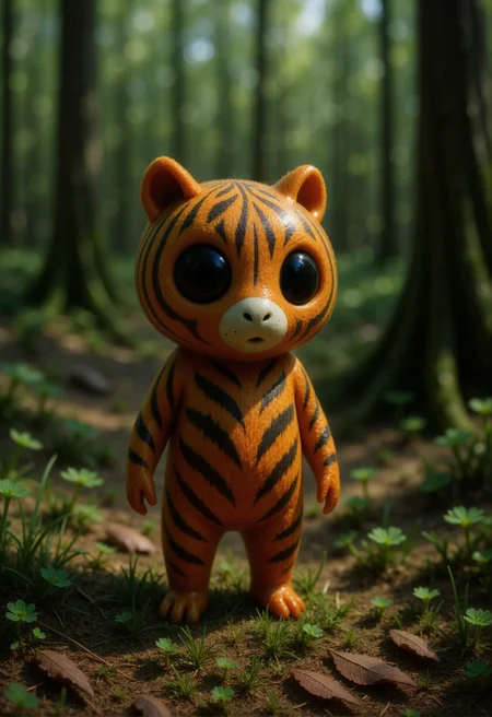A small Kodama forest spirit stands on a patch of dry grass and fallen leaves. Its body has the classic rounded shape but is covered in a vibrant tiger stripe patternâbold orange fur with sharp black stripes and subtle white highlights around the edges. Its head shares the same tiger-striped fur texture, with large, dark eyes that contrast vividly against the bright orange and black markings. Small pointed ears peek through the fur, and a faint white muzzle frames its calm, watchful expression. The background shows dense underbrush and tall trees casting dappled shadows, creating a wild, natural setting. <lora:Kodama_V1:1>