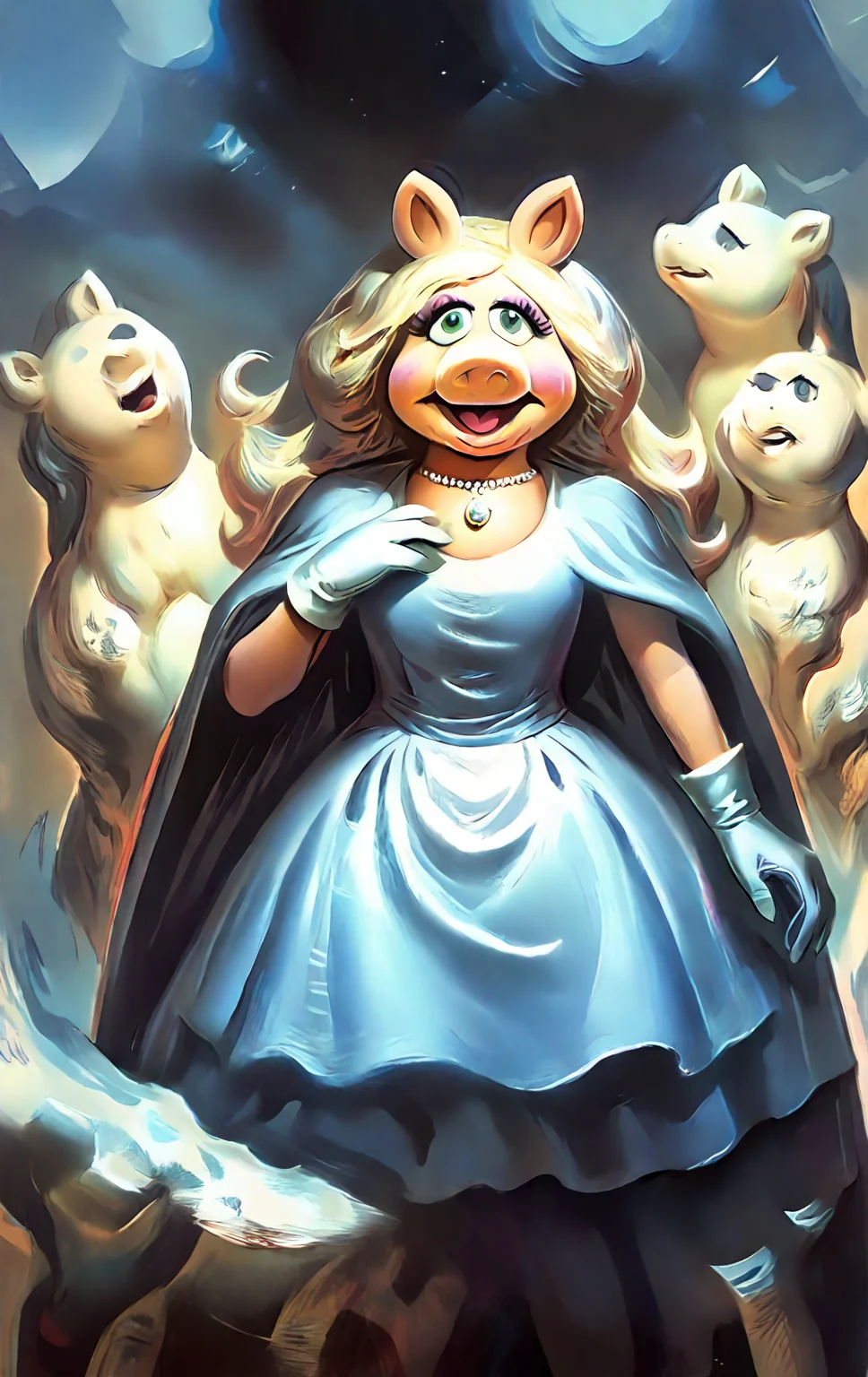 <lora:sabinbalasa_pony_v2:1>' miss piggy's dreams ' by Balasa Sabin in 1999, symbolic painting \(genre\), Surrealism \(style\), <lora:Miss_Piggy_Pony:1> uncensored, gloves, The style of the painting is reminiscent of the surrealist movement, which often combines dreamlike elements with reality.,, score_9, score_6_up, score_7_up