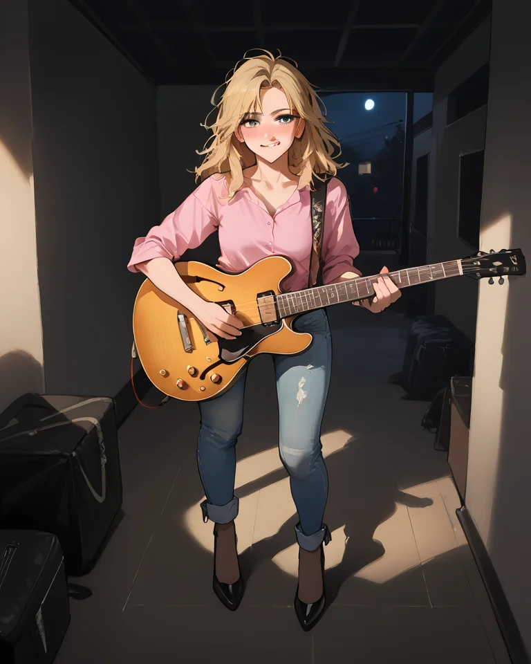 <lora:officialpit_v2-8:0.65>, score_9, score_8_up, score_7_up, incredible lighting, shadows, 8k, dark, night, backlit, <lora:LowReal_XL_Pony:0.8>, <lora:add-detail-xl:0.85>, 1girl, standing, blonde hair, messy hair, bangs, looking at viewer, biting lips, blushing, squinting, eyes slit, high heels, pink shirt, jeans, ((playing electric guitar)), f-hole electric guitar, <lora:es335-pony:0.75>,