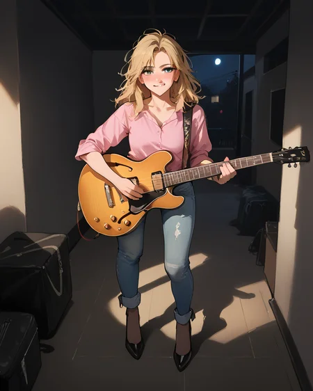 <lora:officialpit_v2-8:0.65>, score_9, score_8_up, score_7_up, incredible lighting, shadows, 8k, dark, night, backlit, <lora:LowReal_XL_Pony:0.8>, <lora:add-detail-xl:0.85>, 1girl, standing, blonde hair, messy hair, bangs, looking at viewer, biting lips, blushing, squinting, eyes slit, high heels, pink shirt, jeans, ((playing electric guitar)), f-hole electric guitar, <lora:es335-pony:0.75>,