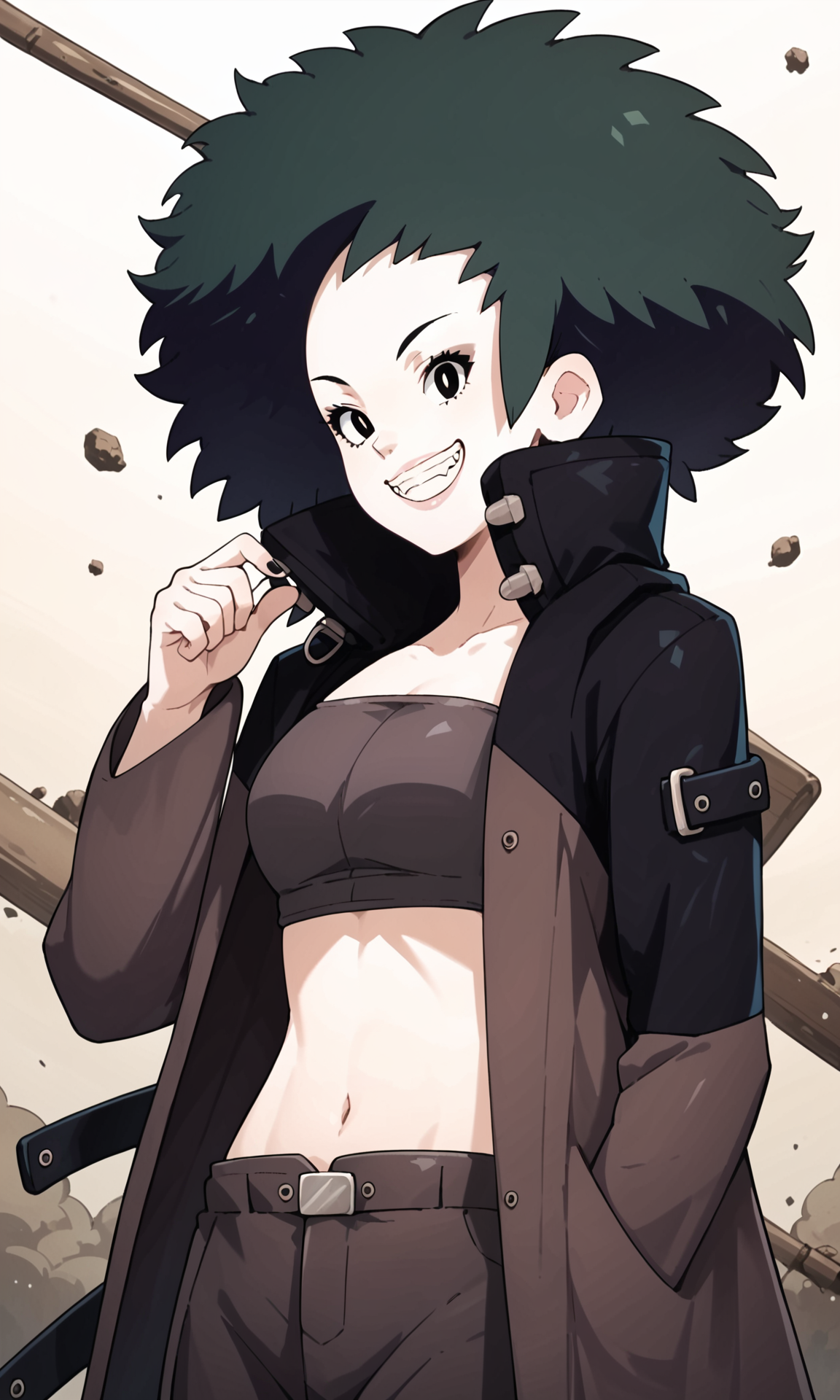 score_9, score_8_up, score_7_up, source_anime, 1girl, solo, LashAW,  big hair, afro, black hair,  pantyhose, shorts, black coat, tube top, <lora:Lash-AW-pony-v2:1>  trench coat, grin, looking at viewer,