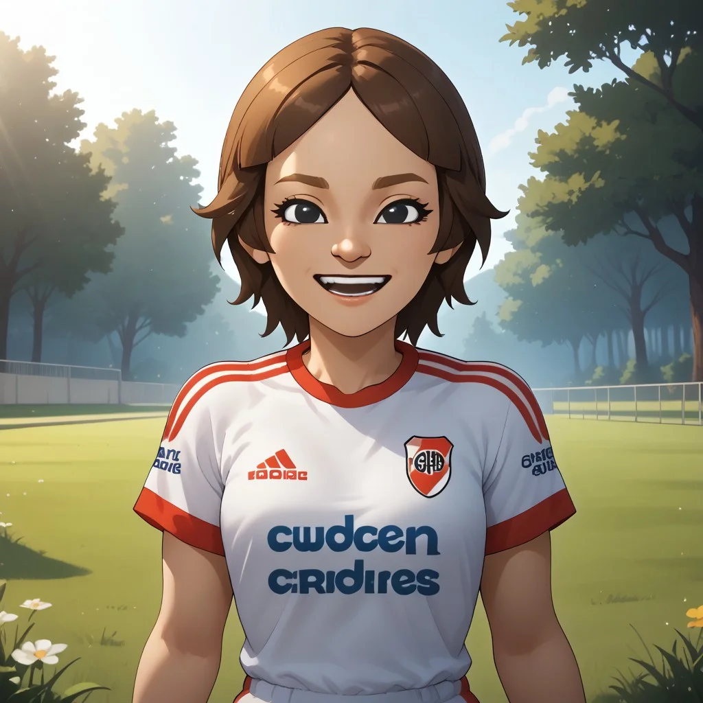score_9, score_8, BREAK, solo, wii, mii, wii fit, 1girl, female mii, brown hair, dark blonde eyebrows, black eyes, half circle nose, open mouth, teeth, RiverPlate, striped shirt, striped, shirt, white shirt, short sleeves, clothes writing, sportswear, soccer uniform, white pants, barefoot, cute, Maeda_(\Wii_Fit\), small breasts, Nintendo Mii, modern_mii, classic_mii, sexy pose, self portrait, smile, outdoors, sunlight, shadows, evening lighting, natural lighting, forest, trees, grass, orange sky, sunset