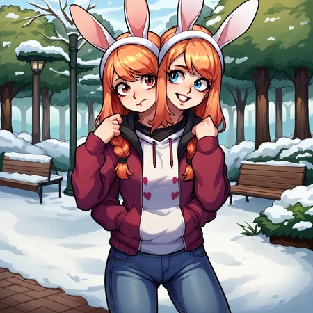 source_anime, score_9, score_8_up, score_7_up, two heads, three legs, four arms, conjoined, 1girl, multiple girls, rabbit ears, hoodie, jeans, park, snow, winter
